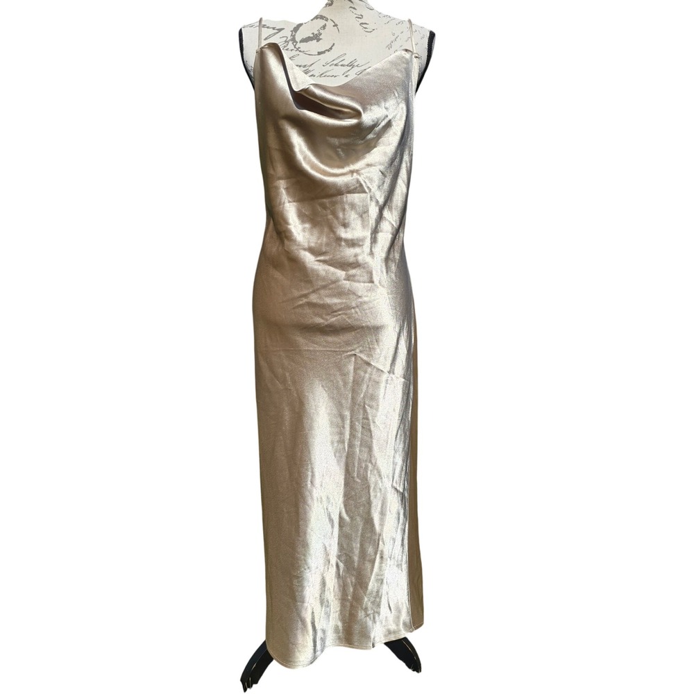 Birdy Grey Champagne Gold Slip Maxi Dress Cowl Neck Spaghetti Straps M‎